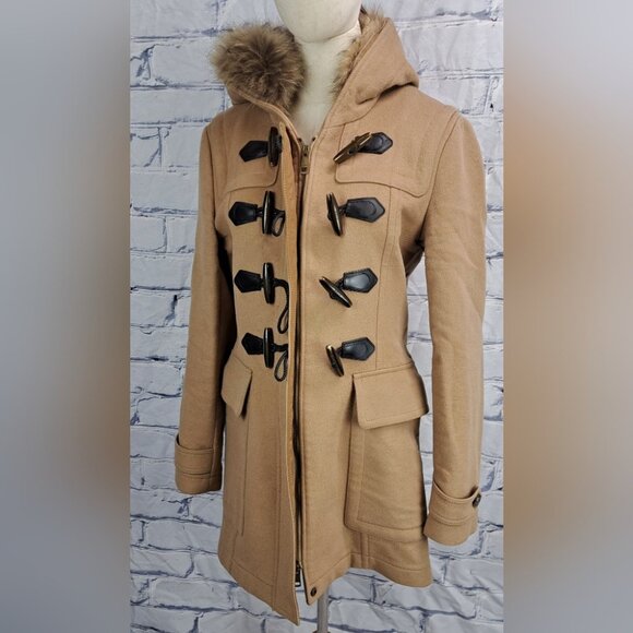 Burberry Womens Duffle Toggle Fur Hood Jacket Winter Camel Wool Nova Check 12 US - Picture 10 of 16